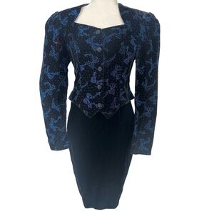 Vtg Jessica McClintock Gunne Sax‎ Velvet Bow Polka Dot Square Neck Dress Set 7/8